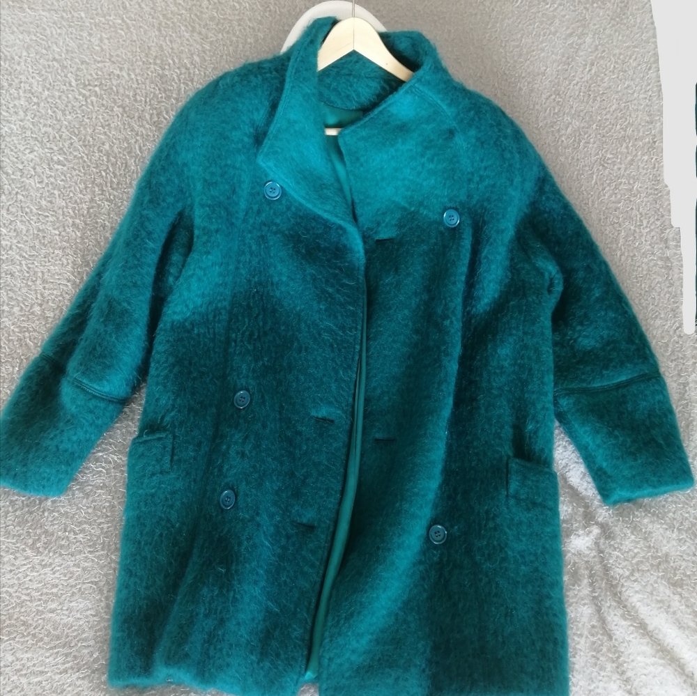 Vintage Paul Levy Mohair Wool Coat in Teal Blue.
